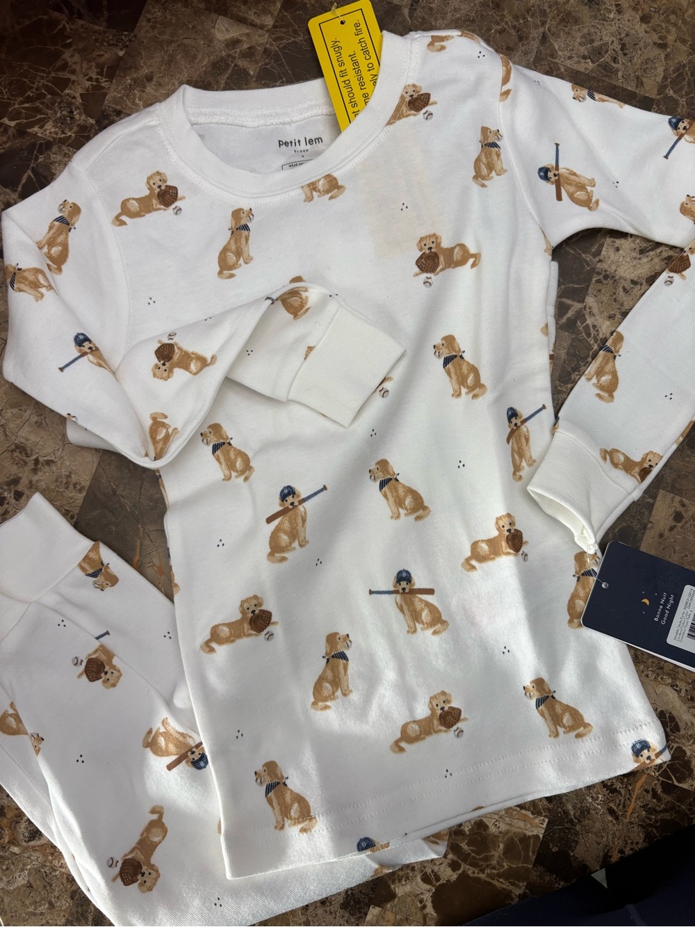 NWT Petit Lem White & Tan Puppy Print Kids Pajama Set 5 years